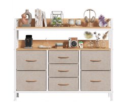 Ladekast Opbergkast Dressoir voor Slaapkamer, Gang & Woonruimte – Kasten & Opbergen – Met 7 Stoffen Lades en 2 Open Schappen – Compact, Stabiel & Ruim - Metaal & MDF - Kaki/Wit/Hout - 100x30x76 cm