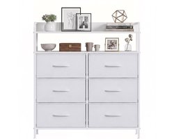 Ladekast Opbergkast Dressoir voor Slaapkamer, Woonkamer & Gang – Kasten & Opbergen – Met 6 PU-Lederen Lades en 2 Open Schappen – Compact, Stabiel & Ruim - Metaal & MDF - Wit - 83x30x97 cm