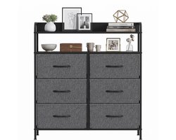 Ladekast Opbergkast Dressoir voor Slaapkamer, Woonkamer & Gang – Kasten & Opbergen – Met 6 Stoffen Lades en 2 Open Vakken – Compact, Stabiel & Ruim - Metaal & MDF - Donkergrijs/Zwart - 83x30x97 cm