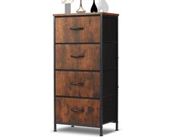 ladekast - Opbergkast met 4 lades – Stoffen ladekast – Metalen frame – Dressoir kast slaapkamer/hal – Bruin – 44x30x95 cm