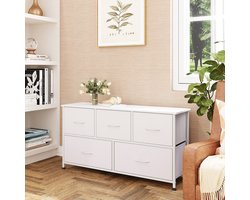 Ladekast - Opbergkast met 5 lades – Stoffen ladekast met metalen frame – 3 kleine + 2 grote lades – Vrijstaande kledingkast slaapkamer/hal – Wit – 100x30x53 cm