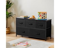 Ladekast - Opbergkast met 5 lades – Stoffen ladekast met metalen frame – 3 kleine + 2 grote lades – Vrijstaande kledingkast slaapkamer/hal – Zwart – 100x30x53 cm
