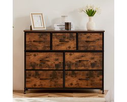 Ladekast - Opbergkast met 7 lades – Stoffen ladekast met metalen frame – 3 kleine + 4 grote lades – Vrijstaande kledingkast slaapkamer/hal – Bruin – 100x30x77 cm