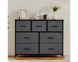 Ladekast - Opbergkast met 7 lades – Stoffen ladekast met metalen frame – 3 kleine + 4 grote lades – Vrijstaande kledingkast slaapkamer/hal – Grijs – 100x30x77 cm