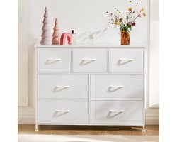 Ladekast - Opbergkast met 7 lades – Stoffen ladekast met metalen frame – 3 kleine + 4 grote lades – Vrijstaande kledingkast slaapkamer/hal – Wit – 100x30x77 cm
