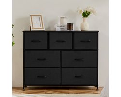 Ladekast - Opbergkast met 7 lades – Stoffen ladekast met metalen frame – 3 kleine + 4 grote lades – Vrijstaande kledingkast slaapkamer/hal – Zwart – 100x30x77 cm