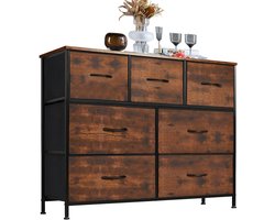 Ladekast-Opbergkast met 7 Stoffen lade-organizer voor slaapkamer-100×30×77CM-woonkamer en kinderkamer-met houten bovenblad en metalen frame, multifunctioneel en stabiel, bruin