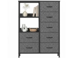 Ladekast / Opbergkast voor Slaapkamer, Woonkamer & Gang – Hoge Kast – Met 7 Stoffen Lades & 2 Open Planken – Ruimtebesparend, Stabiel & Overzichtelijk - Metaal & MDF - Donkergrijs / Zwart - 80x30x116 cm