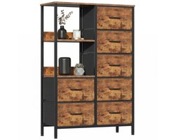 Ladekast / Opbergkast voor Slaapkamer, Woonkamer & Hal – Hoge Kast – Met 7 Stoffen Lades & 2 Open Planken – Ruimtebesparend, Stabiel & Industrieel - Metaal & MDF - Vintage Bruin / Zwart - 80x30x116 cm