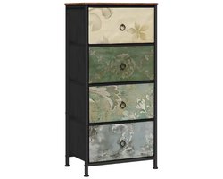 Ladekast Smal - 4 Stoffen Lades - Opbergkast met Houten Top - Metalen Frame - Voor Slaapkamer, Hal of Woonkamer - Bloemenmotief - 45x94,5x30 cm