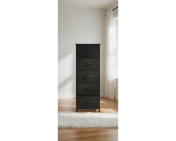 Ladekast smal, ladekast, opbergkast met 5 laden van stof, hoog en smal houten top, comodetekast, dressoir, meubels voor slaapkamer, woonkamer, hal, kinderkamer, zwart-Mobili Bella