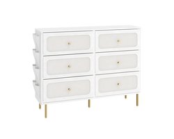 Ladekast – Voor Woonkamer & Slaapkamer – Multifunctionele Kast met 6 Stoffen Lades en Metaalframe – Wit/Goud