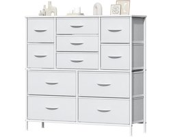 Ladekast wit - 11 stoffen lades in 3 formaten - Leerlookfronten - MDF-blad - Voor kleding en textiel - Verstelbare voeten - 100 x 30 x 97 cm