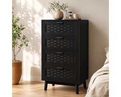 Ladekast zwart 55x39,8x95 cm, commode met 4 laden, imitatie rotan voorkant, hoge opbergkast voor slaapkamer, hal