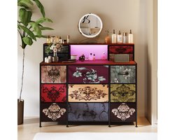 Ladekasten 109x28x97 cm, Opbergkast, Ladekast, 13 lades, 2 stopcontacten en 2 USB-poorten, LED-verlichting, houten tafelblad en verstelbare poten, zwarte handgrepen, kantelbeveiliging, geschikt woonkamers slaapkamers - opbergkast - Veelkleurig