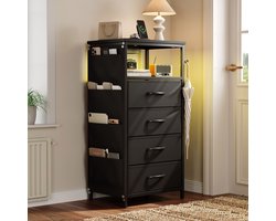 Ladekasten 4 laden - Ladekast - nachtkastje - Zijkast - Stopcontact met USB-oplaadfaansluiten - 20 dynamische LED-lichtstripstanden - 4 zijvakken en 2 L-vormige haken - Metalen frame - Geschikt voor gangen, kantoren, slaapkamers en woonkamers - zwart