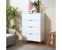 Ladekasten - Opbergmeubel - Geometrisch patroonontwerppaneel - Gouden handgrepen - Metalen steunvoeten - Drie grote lades - Anti-kantelbeveiliging - Grote opbergruimte - 60x34x90 cm - Eenvoudige stijl - Wit