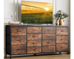 Ladekast,stoffen ladekast met 14 laden, ladekast slaapkamer met houten blad, ladekast gangkast voor keuken, kantoor, hal, slaapkamer (bruin)160x35x75cm