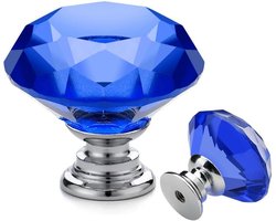 Ladeknoppen Set - Kristallen Handgrepen Diamantvorm - 10 Stuks 30mm - Robuust Glas Met Zink Basis - Voor Keuken Kast En Commode - Blauw Met Zilver