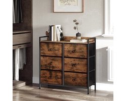 Ladenkast - Dressoir Kasten - Ladekast met 6 Stoffen Lades - Stevig & Stijlvol - Industriële Opbergkast - Metaal & Hout - Voor Woonkamer - Slaapkamer - Hal - 80x29x78cm - Vintage Bruin