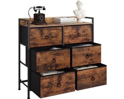 Ladenkast - Dressoir Kasten - Ladekast met 6 Stoffen Lades - Stevig & Stijlvol - Industriële Opbergkast - Metaal & Hout - Voor Woonkamer - Slaapkamer - Hal - 80x29x78cm - Vintage Bruin