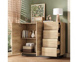 Ladenkast - H90,5xB110xD35,5 cm - 4 Laden + 2 Deuren - Voor Woonkamer & Keuken - MDF - Zwart/Naturel