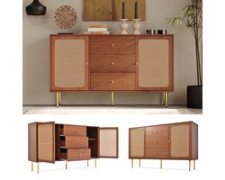 Ladenkast - H90xB150xD40 cm - 3 Laden + 2 Deuren - Verstelbare Planken - Rattan - Noten