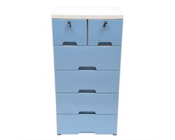 Ladenkast met 6 Lades – Verrijdbaar met 4 Wielen – Opbergkast met Slot – Voor Slaapkamer en Woonkamer – 50x35x102 cm – Wit en blauw