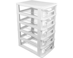 Ladenkast met vijf lades, opbergkast, plastic organizer en opslagrek voor kantoor en thuis (Wit, Transparant)