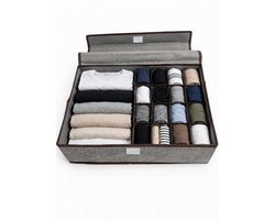 Ladeverdeler - leding Opbergbox met Deksel Grijs - Kleding Organizer voor Kast - 16 Vakken en Groot Vak - Voor Ondergoed,Sokken,BH en Accessoires - 44x29x12 cm