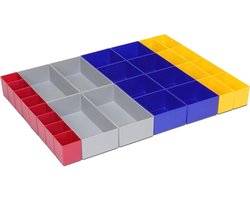 Ladeverdelers Set - Opbergbakjes Lade - Lades Organiseren - 28 Delig Universeel - 63 mm Hoog - Geel Blauw Grijs Rood
