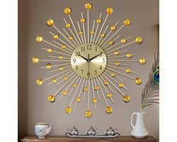 Lafocuse Gouden Wandklok Groot Metaal, Creatief Ontwerp met Strass Steentjes, Stille Wandklok Modern, Niet-Tikkende Kunstdecoratie voor Woonkamer Slaapkamer Keuken 56cm