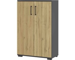 Lage dichte kantoorkast Discovery Eiken - Grafiet - Breedte 80 cm - Hoogte 123 cm - Diepte 40 cm - Met planken - Met openslaande deuren