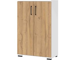 Lage dichte kantoorkast Discovery Eiken - Wit - Breedte 80 cm - Hoogte 123 cm - Diepte 40 cm - Met lades - Met planken - Met openslaande deuren