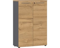 Lage dichte kantoorkast Ergonoma Eiken - Grafiet - Breedte 80 cm - Hoogte 120 cm - Diepte 40 cm - Met planken - Met openslaande deuren