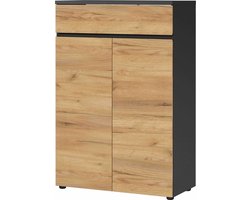 Lage dichte kantoorkast RIO Eiken - Grafiet - Breedte 80 cm - Hoogte 120 cm - Diepte 40 cm - Met lades - Met planken - Met openslaande deuren