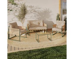 Lage tuinbank Rio, 4-zits, met groen metalen frame, touwen in lichte rotanlook en beige kussens.