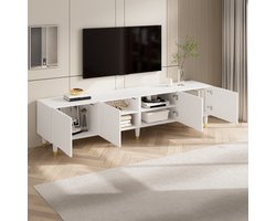 Lage tv meubel - asymmetrisch gebogen reliëf - vier deuren - veel opbergruimte - houten poten - woonkamer - wit