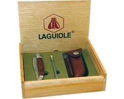 Laguiole Mes + aanzetstaal + leren hoesje in luxe kistje