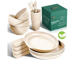 Laikli - Serviesset 4 Persoons - Tarwestro - Borden - Kommen - Bekers - Bestekset - BPA vrij - Magnetronveilig - Vaatwasserbestendig - Milieuvriendelijk - Donkerblauw/Beige