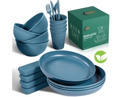 Laikli - Serviesset 4 Persoons - Tarwestro - Borden - Kommen - Bekers - Bestekset - BPA vrij - Magnetronveilig - Vaatwasserbestendig - Milieuvriendelijk - Donkerblauw/Beige