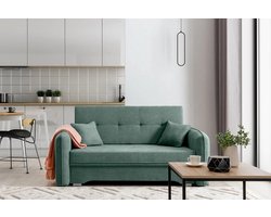 Laine 3 slaapbank – 3-zits bank – uitklapbare bank – met slaapfunctie – opbergruimte voor beddengoed – compacte bank – 155 cm – licht groen – comfortabel – Maxi Maja