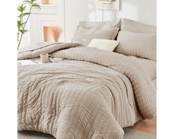 La'Moussawi ® Beddengoed, 155 x 220 cm, beige, kaki, gestreept, zomer, effen, omkeerbare beddengoedset, microvezel, ademend, licht dekbedovertrek 155-220 cm, eenpersoonsbed en kussenslopen 80 x 80 cm,