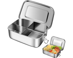La'Moussawi ® Lekvrije roestvrijstalen lunchbox met drie vakken en afdichtring voor kinderen en volwassenen