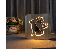Lamp - 19cm - Tafellamp - Lamp - LED en One touch control - Houten Tafellamp - Hond figuur