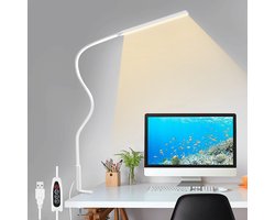 Lampen District® - LED Bureaulamp met klem - Oog beschermende - Hobbylamp - Flexibele Werklamp Wit- 3 Lichtstanden & 10 Helderheidsniveaus