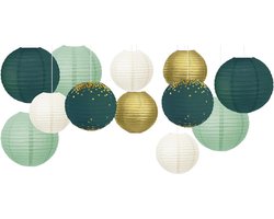 Lampion - 12 stuks groen goud hangende papieren lantaarns voor rustieke stijl lente decor - bruidsfeestje - babyborrel - verjaardag - eucalyptus - neutraal - feest decor