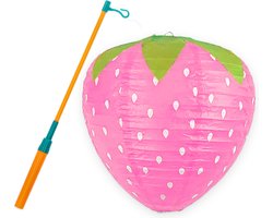Lampion - Sint Maarten - Lampionstokje - Met Lichtje - Aardbei - Treklampion - Papier - Kind - Roze - Versiering - 1 Stuk