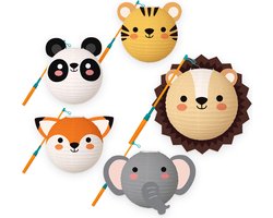 Lampion - Sint Maarten - Lampionstokje - Met Lichtje - Dieren - Treklampion - Papier - Kind - Wit - Versiering - 5 Stuks