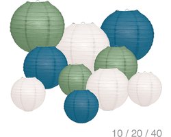 Lampionpakket 10 delig - IVOOR, SALIE en PETROL BLAUW - papieren lampionnen - incl. metalen veerhaakjes